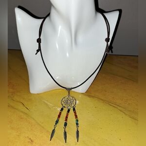 Beaded Boho Dreamcatcher Pendant, Antique Silver Adjustable Leather Cord.